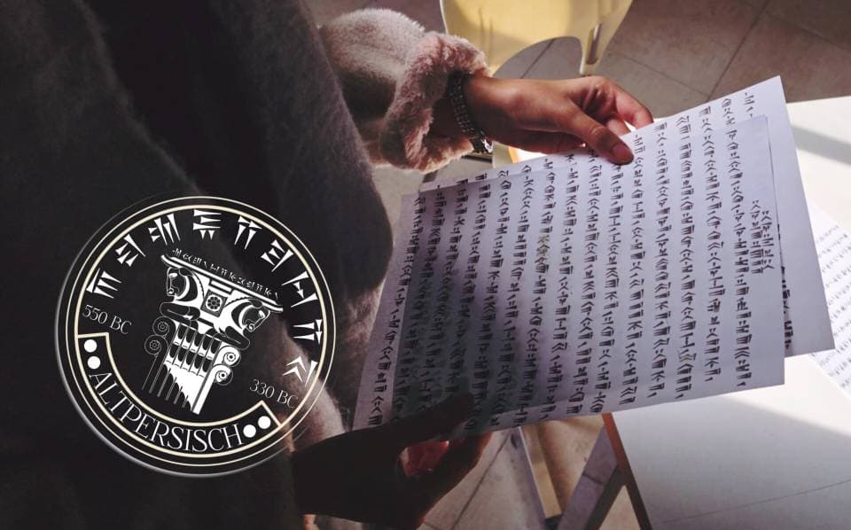A student reading pages of cuneiform text, with the Altpersisch seal